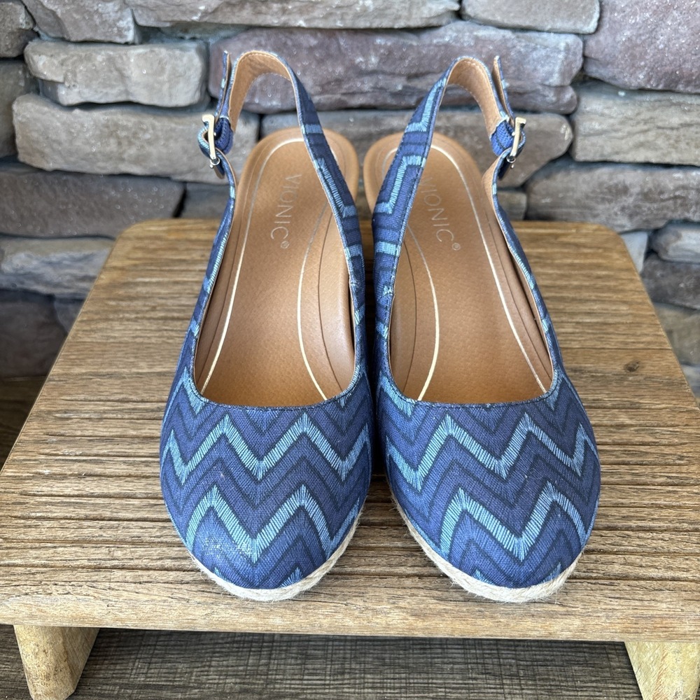 Vionic Espadrille Wedges Women's 8.5 Blue Zig Zag Aruba Coralina Slingback Shoes